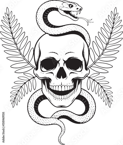 Skull snake and fern illustration serpent reptile