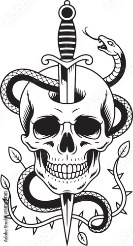 Skull snake dagger thorny vine black white illustration vector