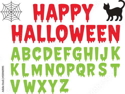 Dripping Halloween font set. Spooky vector alphabet with slime letters in red and green. Includes "Happy Halloween" text, a black cat silhouette, and a spiderweb icon.
