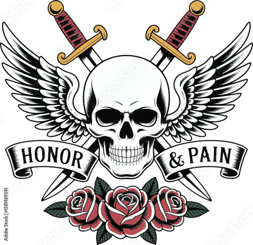 Skull with crossed swords wings and roses banner