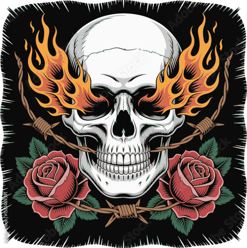 Skull with flames roses and barbed wire fire red roses