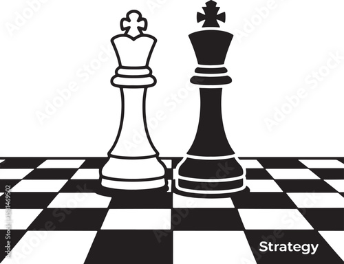 White and black kings on chessboard with strategy text chess kings black and white