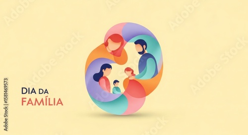 Illustration of a family with parents and children in a colorful abstract design on a yellow background