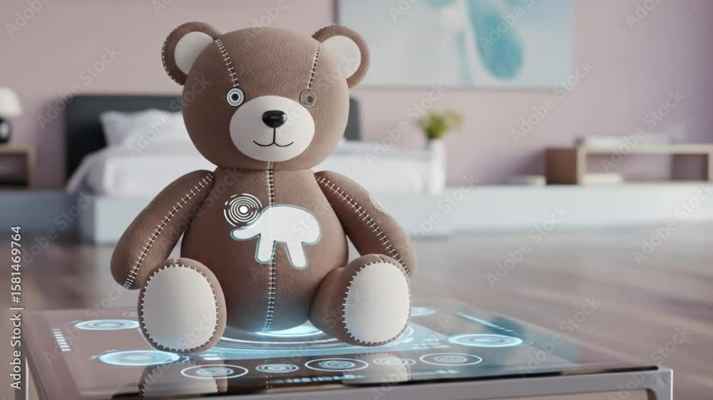 Cute futuristic teddy bear robot toy on a smart glass table in modern bright room