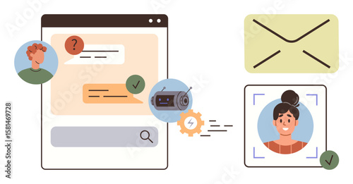 Chat window with messages and search bar, email envelope, AI robot icon, scanning profile image. Ideal for technology, communication, automation, security AI messaging efficiency. Simple flat