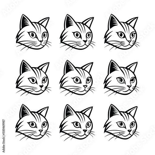Cat Face Silhouette Bundle — 9 Artistic Vector Styles in 1 Artboard