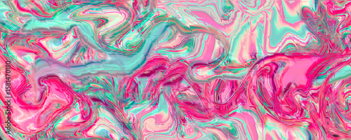 Vibrant iridescent glass texture with abstract pastel swirls. Colorful holographic liquid background in pink, turquoise, and mint green shades. Perfect for modern digital design.