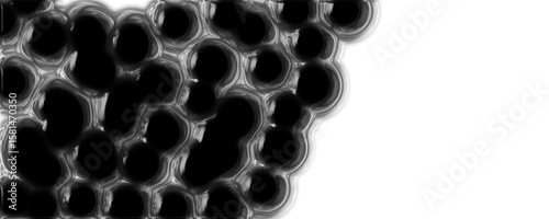 Abstract vector background with glossy black organic shapes resembling cells or bubbles, outlined by a luminous sheen against white space. Modern, fluid texture ideal for tech, science, or digital art