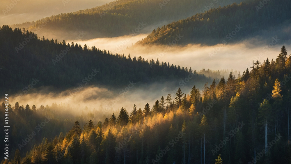 Fototapeta premium Morning sunlight piercing through soft mountain fog above pine forest peaks with cinematic bokeh in background creating a serene nature atmosphere with warm golden tone, detailed tree