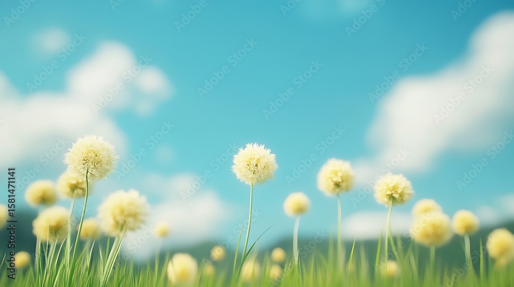 Fototapeta premium Soft focus dandelions blooming under a bright blue sky with fluffy clouds
