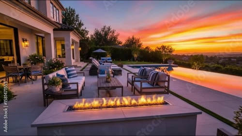 Exterior view of a luxurious house with a pool and patio furniture at sunset showcasing the sky