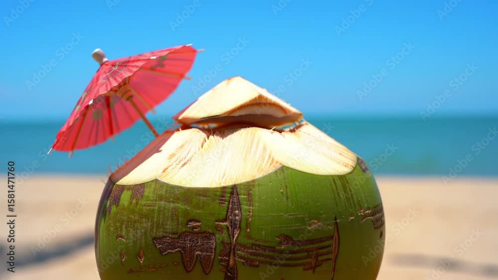 young coconut ice in a light green shell, with a small red umbrella and a straw, placed on a beach table, behind it a sparkling blue sea and a bright blue cloudless sky.