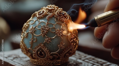 A jewelers hand precisely engraves a flaming pattern into a luxurious Faberge egg adorned with gold filigree.