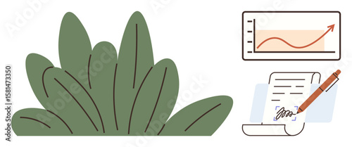 Foliage next to a rising growth chart and a pen signing a document, symbolizing eco-conscious business growth. Ideal for productivity, sustainability, commitment, success, agreement, management