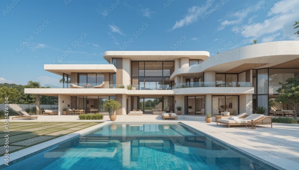 Fototapeta premium Luxury Coastal Villa: Modern Architecture and Stunning Pool