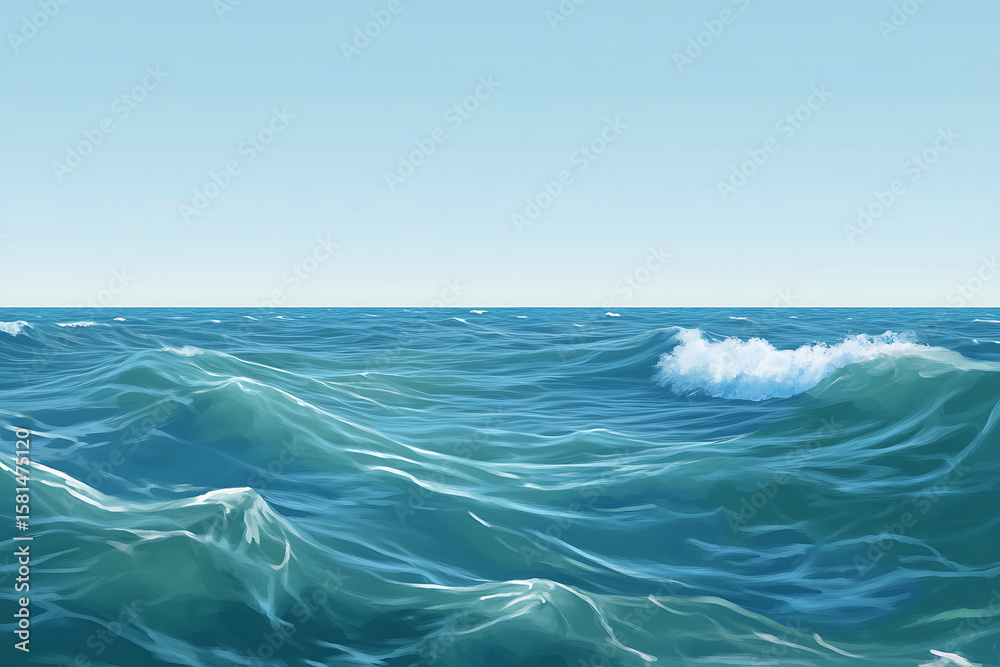 Fototapeta premium Sweeping vista of a vast, turbulent ocean with powerful waves beneath a clear open sky