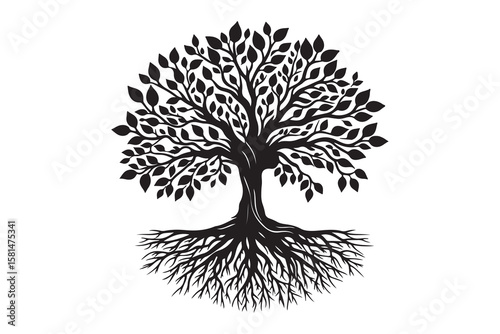 Black tree silhouette showing roots and branches spreading