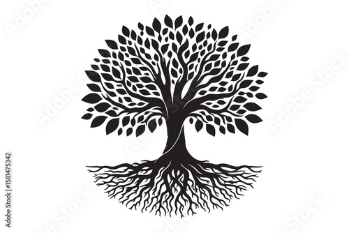 Black tree silhouette showing roots and branches spreading
