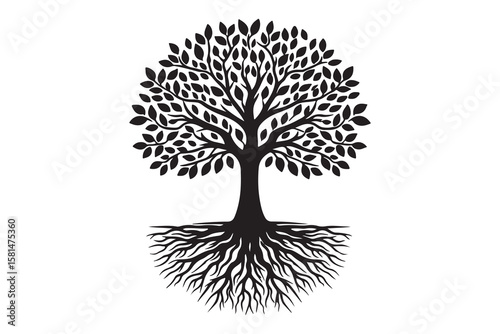 Black tree silhouette showing roots and branches spreading