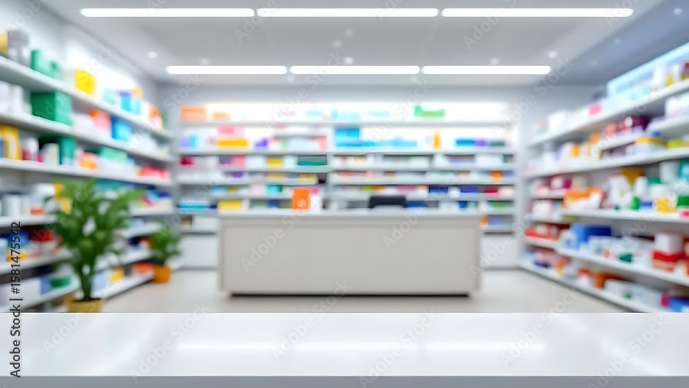 Fototapeta premium Blurred pharmacy interior with shelves of medicines and a white counter surface