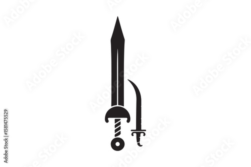 Monochrome vintage icon sword. Simple shape for design logo, emblem, symbol, sign, badge, label, stamp. Hand drawn vector illustration. Military weapons, isolated on white background
