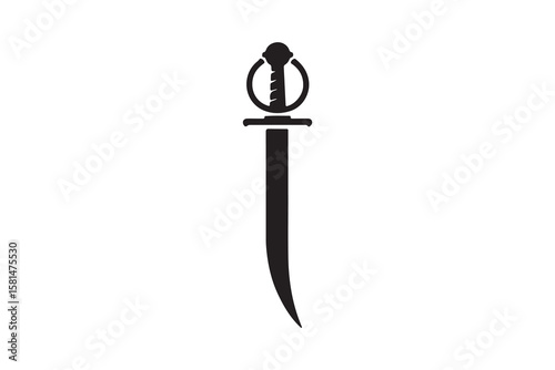 Monochrome vintage icon sword. Simple shape for design logo, emblem, symbol, sign, badge, label, stamp. Hand drawn vector illustration. Military weapons, isolated on white background