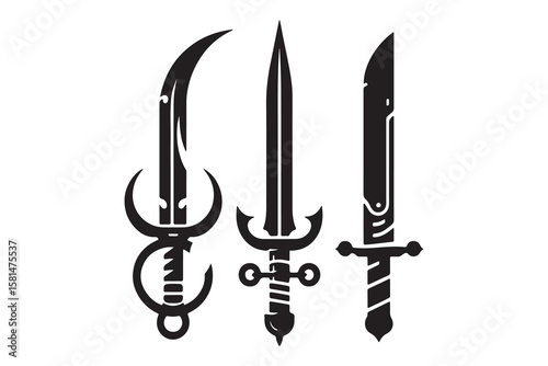 Monochrome vintage icon sword. Simple shape for design logo, emblem, symbol, sign, badge, label, stamp. Hand drawn vector illustration. Military weapons, isolated on white background