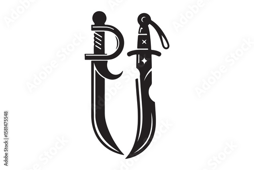 Monochrome vintage icon sword. Simple shape for design logo, emblem, symbol, sign, badge, label, stamp. Hand drawn vector illustration. Military weapons, isolated on white background