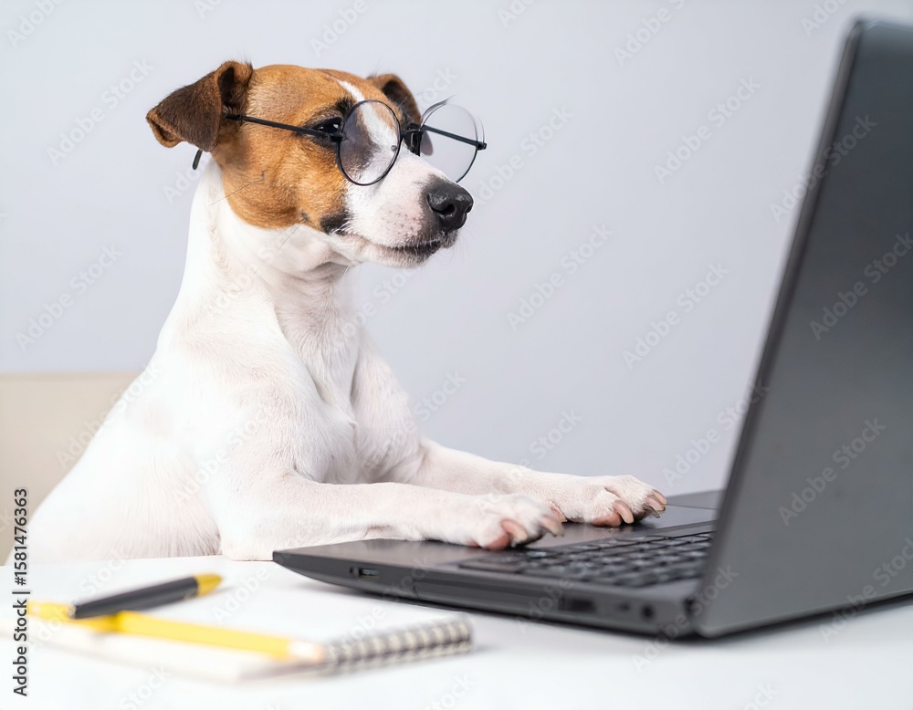 custom made wallpaper toronto digitalIntelligent Jack Russell Terrier wearing stylish eyeglasses, intently focused while typing on a laptop computer. A smart and humorous pet engaged in remote work or online learning.