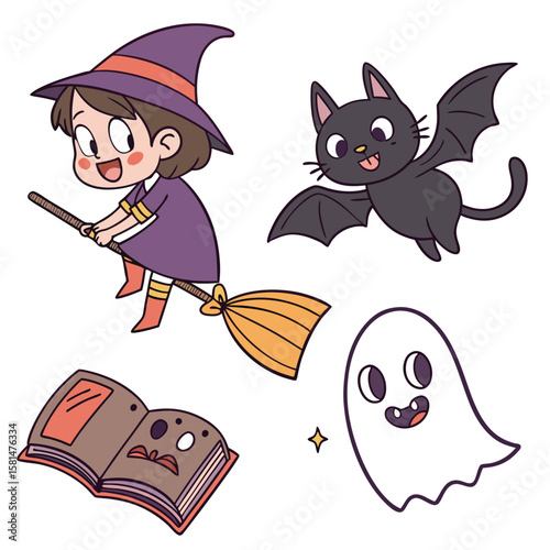 Vibrant halloween illustration with spooky elements isolated on white background