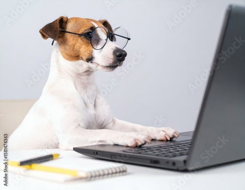 Wallpaper Mural Intelligent Jack Russell Terrier wearing stylish eyeglasses, intently focused while typing on a laptop computer. A smart and humorous pet engaged in remote work or online learning. Torontodigital.ca