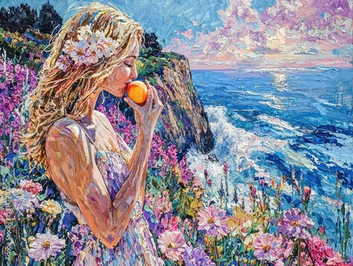 Woman eating fruit by ocean