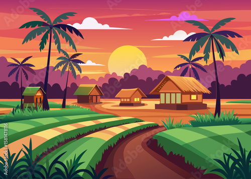 Tropical village scene with thatched roof huts and palm trees at sunset