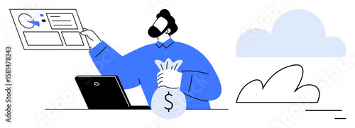 Man holding a dollar bag, pointing at analytics chart near laptop. Ideal for finance, digital marketing, business growth, investment planning, e-commerce, statistics, simple landing page