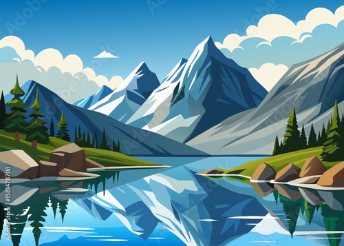 Serene mountain landscape with a calm lake reflecting the majestic peaks