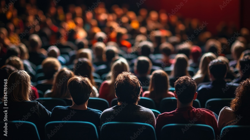 Naklejka premium A crowd of people sitting in a theater or auditorium, watching a performance or presentation.