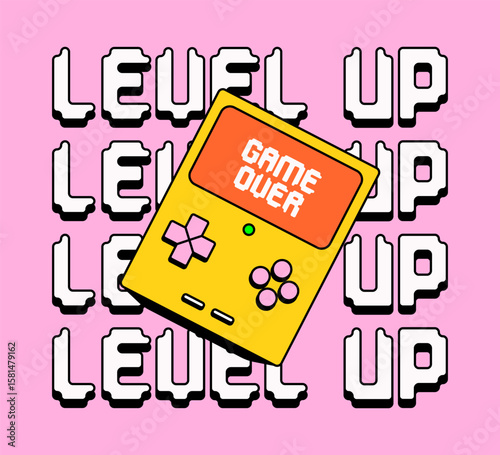 Cartoon poster illustration retro game console with level up text