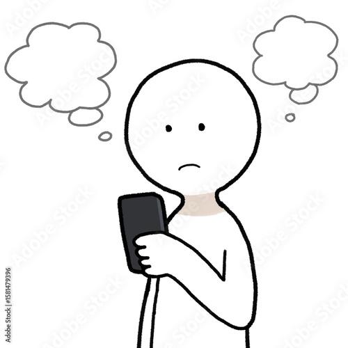 スマホを見ながら考えている人のイラスト