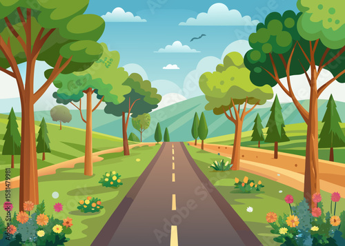 Scenic country road lined with trees and flowers under a blue sky