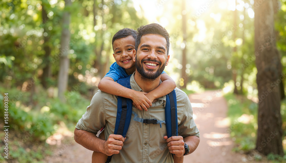 Fototapeta premium A father and son share a special moment while hiking through the woods, the son getting a piggyback ride, both smiling, sunlight filtering through trees.