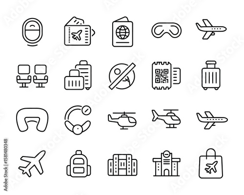 Air Travel Vector Icon Set  Editable Line Style - Plane window, boarding pass, seats, luggage, seatbelts, helicopter, jet, backpack, airport and Other Icons