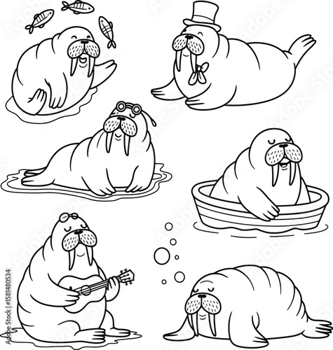 Collection of six cute cartoon walruses in various poses and accessories