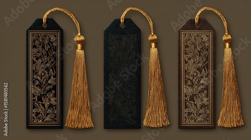 Three elegant bookmarks with golden tassels & oak leaf motifs in dark colors