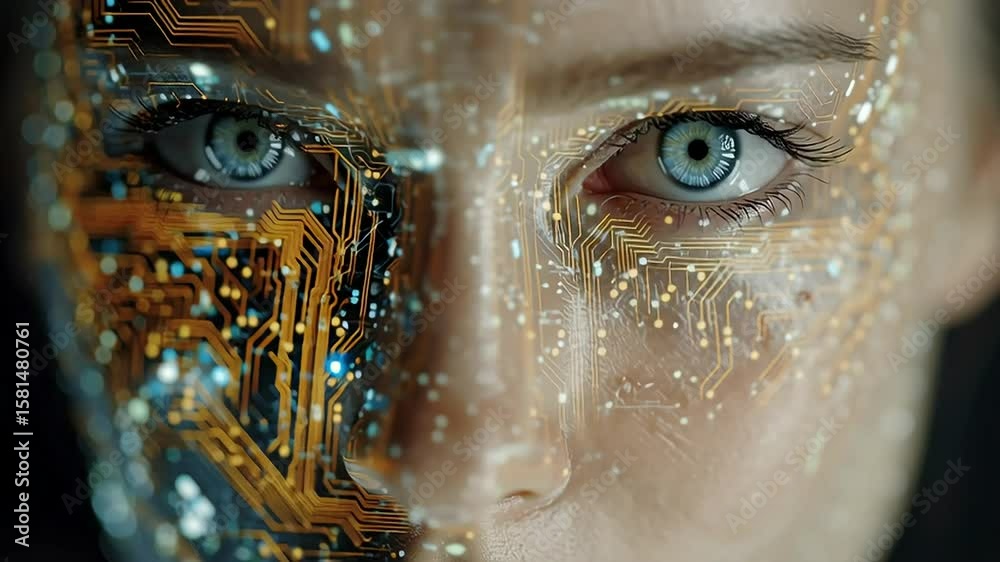 Futuristic Female Face with Circuit Board Pattern and Blue Eyes with ai generated