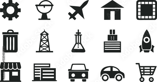 Collection of black industry and transportation icons