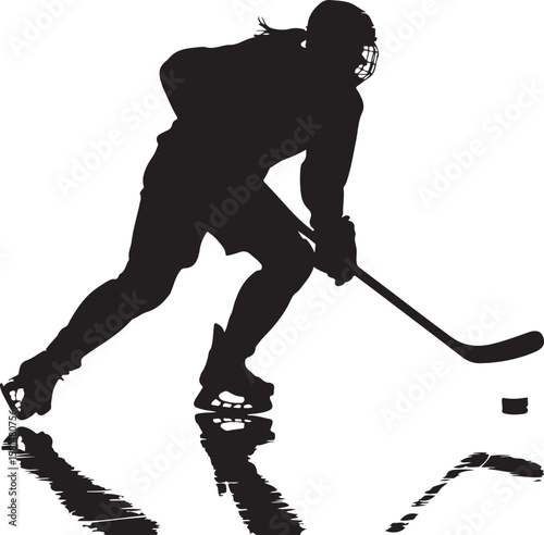 Dynamic Hockey Player Silhouette Engaged in Game Action on the Ice Rink with Puck Control Skill