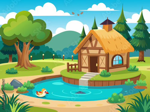 Charming thatched cottage by a tranquil pond with a duck and lush green landscape