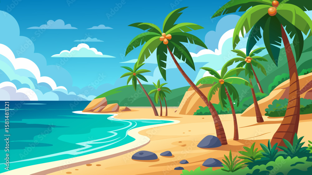 Fototapeta premium Vibrant tropical beach scene with palm trees and clear blue ocean water