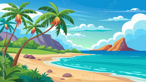 Vibrant tropical beach scene with palm trees and turquoise ocean waves