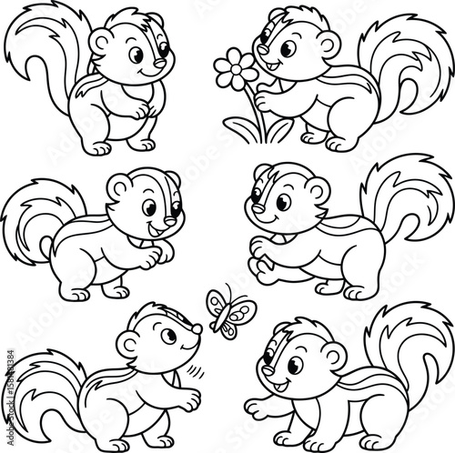 Cute cartoon beavers engaged in various activities like holding logs and working with wood